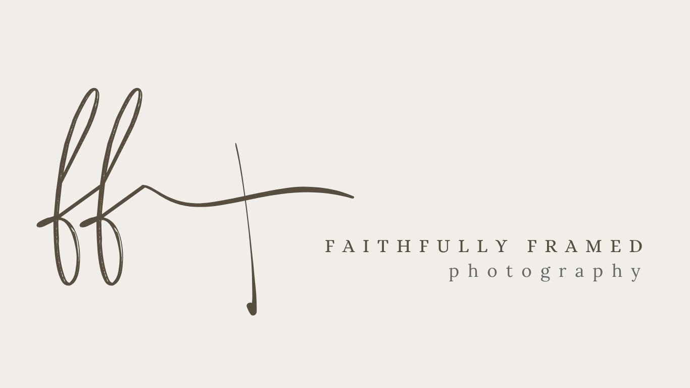 Faithfully Framed Photography logo featuring stylized calligraphic design with text on beige background